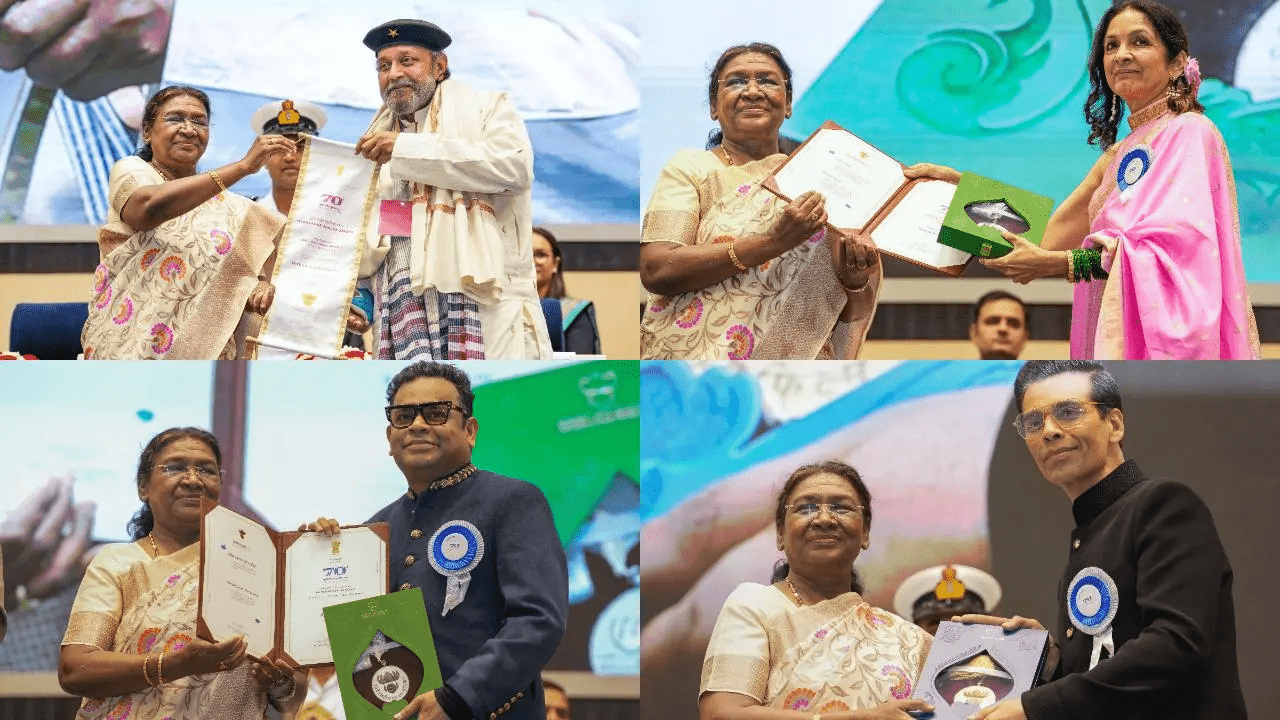 Manoj Bajpayee, Rishab Shetty, AR Rahman, and Mithun Chakraborty receive awards at the 70th National Film Awards.