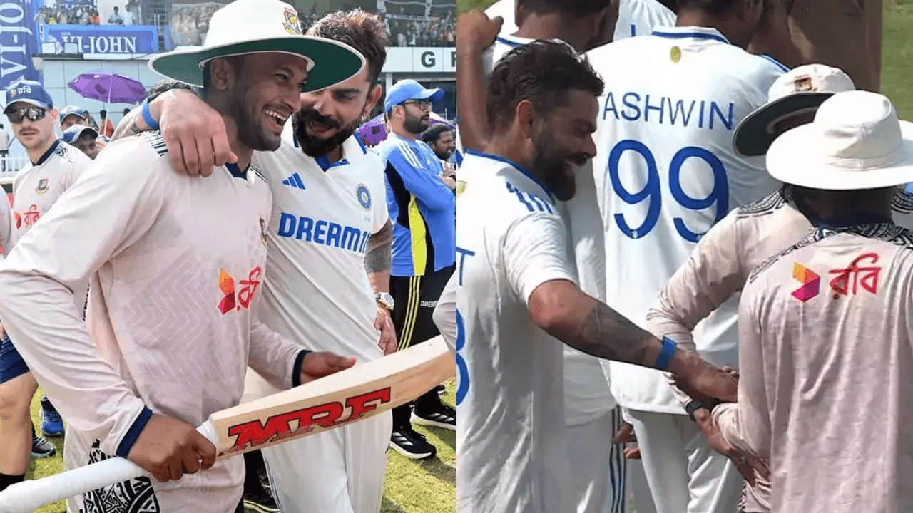 Virat Kohli gifts Shakib Al Hasan a bat, After the second test between IND and BAN, his heartwarming gesture goes viral.