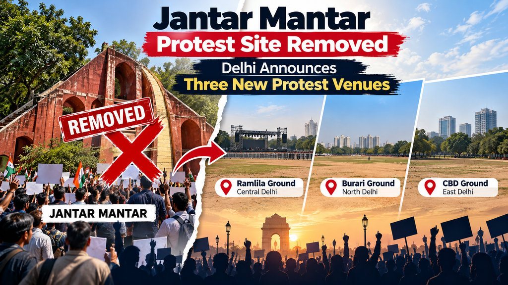 Jantar Mantar Protest Site Removed from Delhi’s designated protest venues. Learn about the three alternative locations announced for demonstrations.